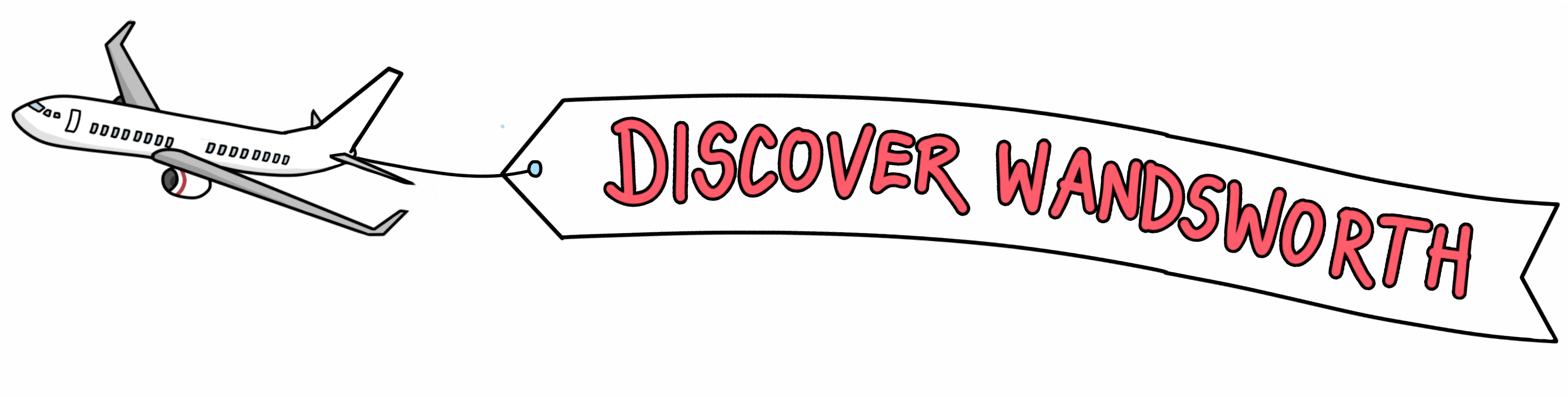 Discover Wandsworth Banner - a pane flies overhead with a banner reading Discover Wandsworth. Below are locals enjoying businesses and amenities throughout Wandsworth in a cartoon style.